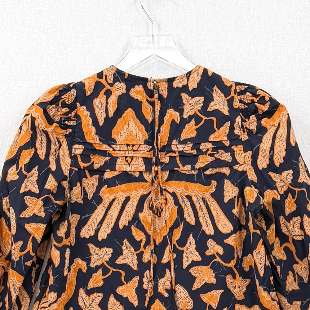 ULLA JOHNSON Gemi Blouse Women 6 Navy Orange Floral Long Sleeve Pleated Cotton - Picture 6 of 13